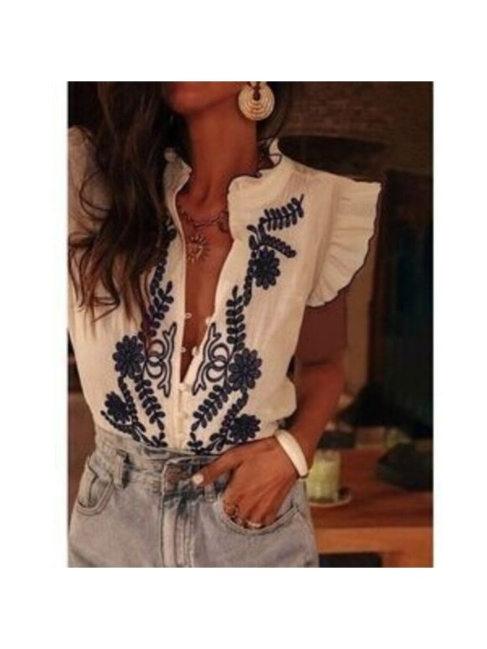 Cotton White Button Down Shirt Blue Floral Embroidery Ruffle Cap Sleeves V-Neck